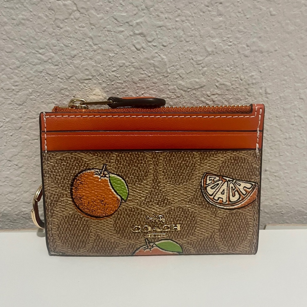 Coach Mini Skinny Id Case With Orange Print (Tan/Signature Canvas)